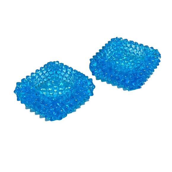 Vintage Blue Hobnail Glass Open Master Salt Cellar Dip PAIR (2) Square Fenton? - Picture 1 of 4